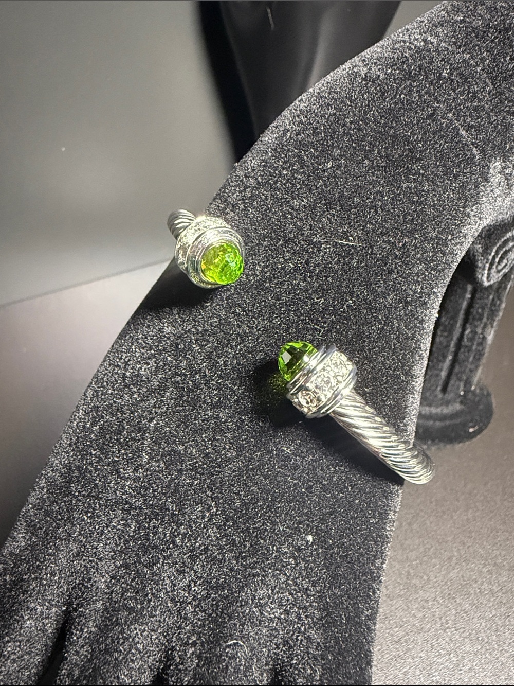 Sterling-Tone Open Cuff Bracelet with Lime Green Crystal Ends